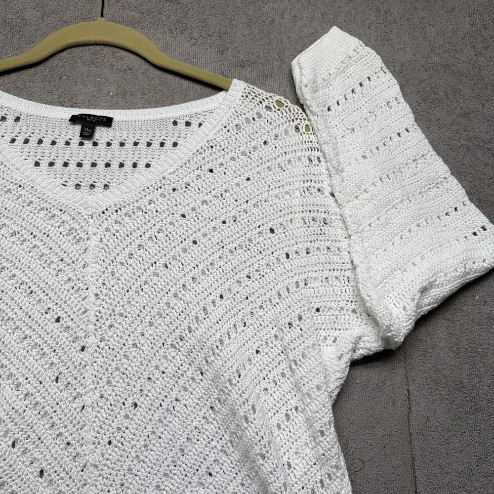 Talbots Petite Open Knit Sweater XL White V Neck Lightweight 3/4 Sleeve